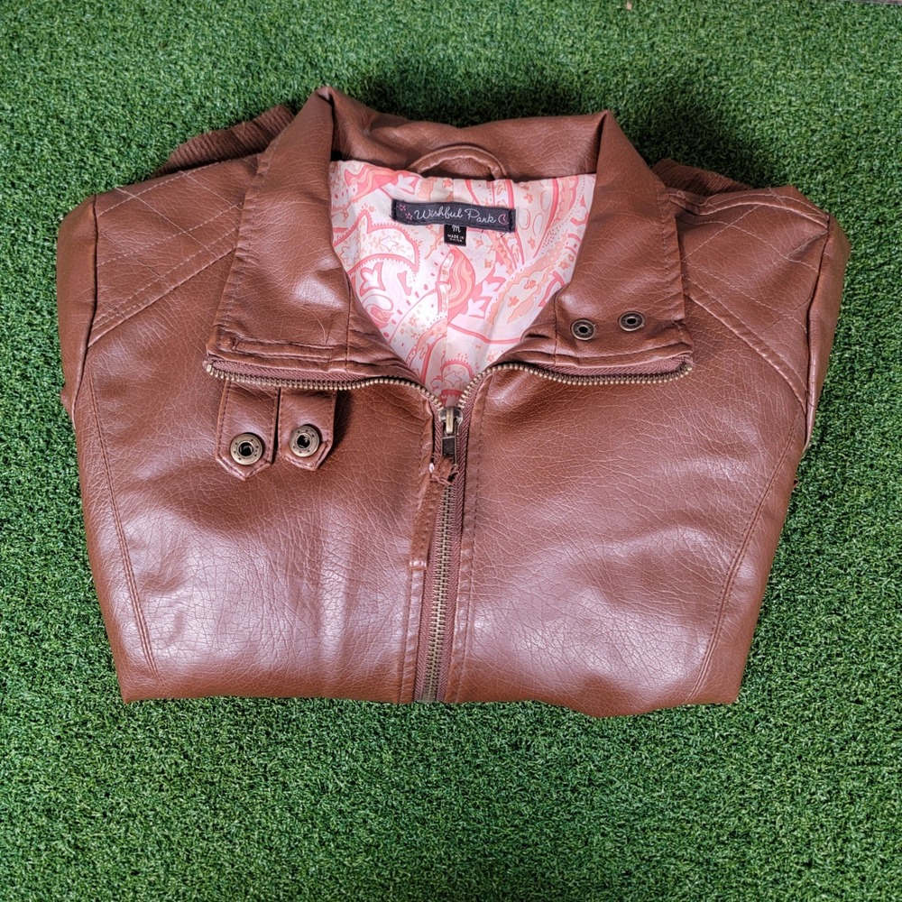 Wishful‎ Park Faux Leather Brown Moto Jacket Full Zip Lined Women's M